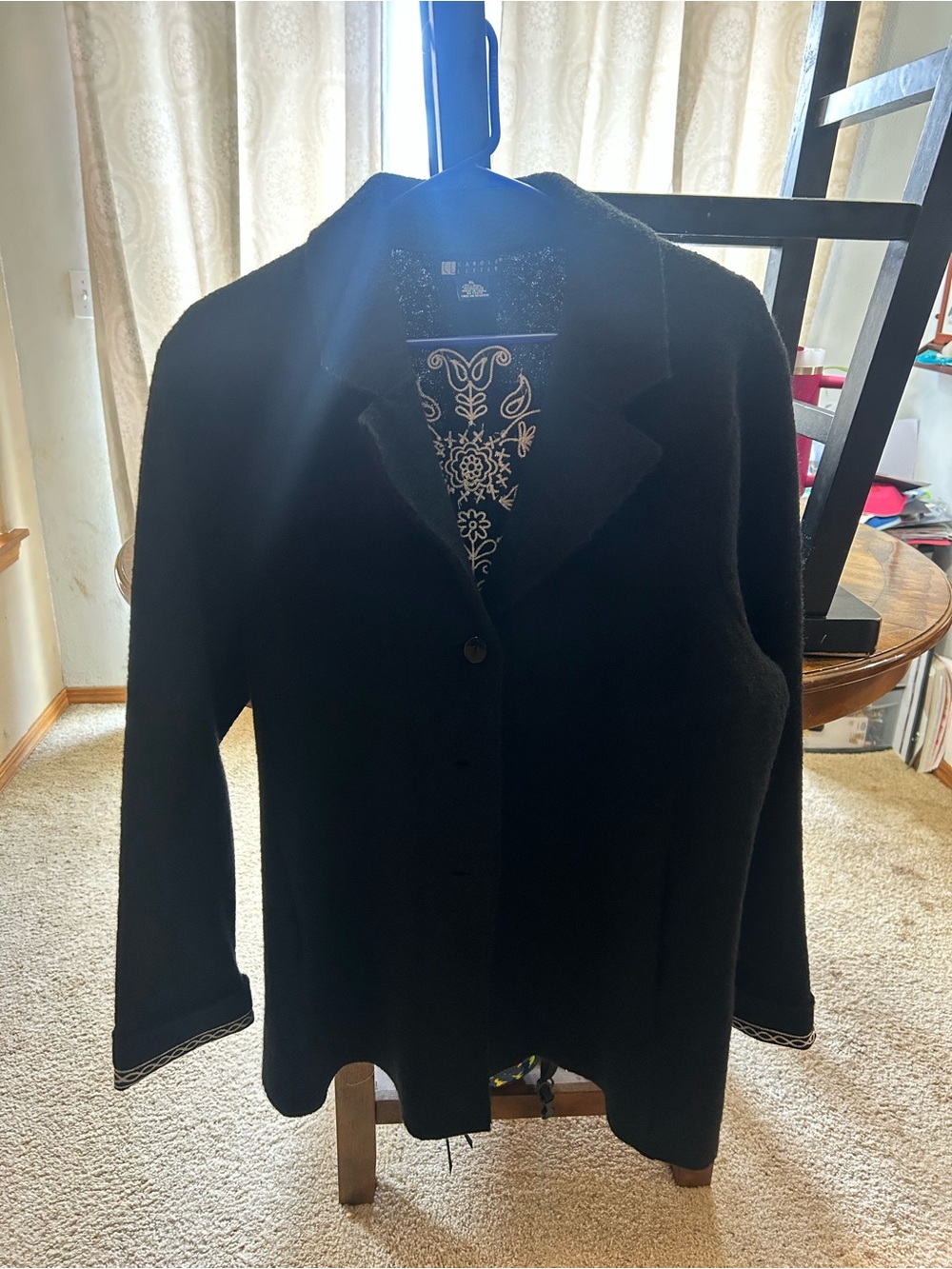 Carole Little Black Button-Front Blazer with Embroidered Trim